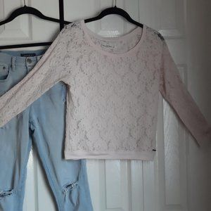 Abercrombie & Fitch Pink Floral Lace Scoop Neck 3/4 Sleeve Crop Top Size Small